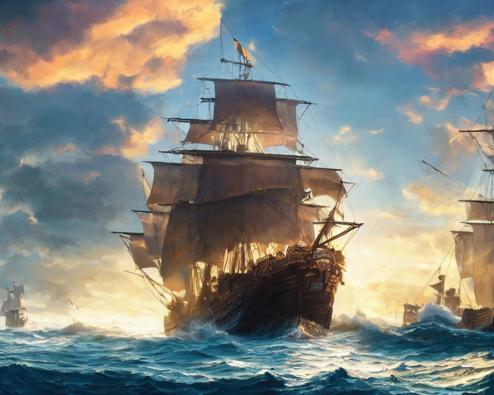 Tall Ships with Full Sails in Turbulent Seas at Sunset