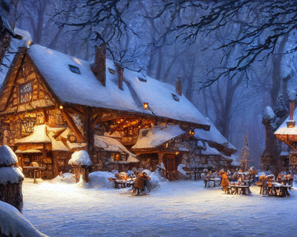 Snow-covered outdoor tables near illuminated cottage in winter scene