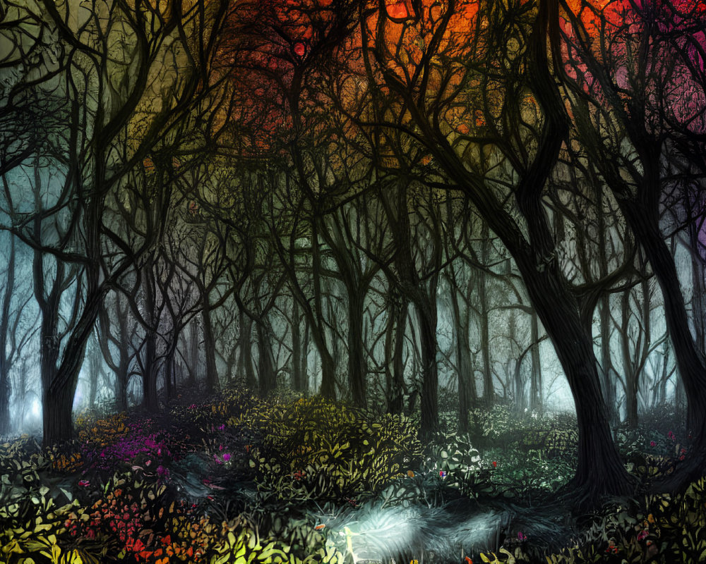 Colorful Lighting in Mystical Forest with Intertwining Tree Branches