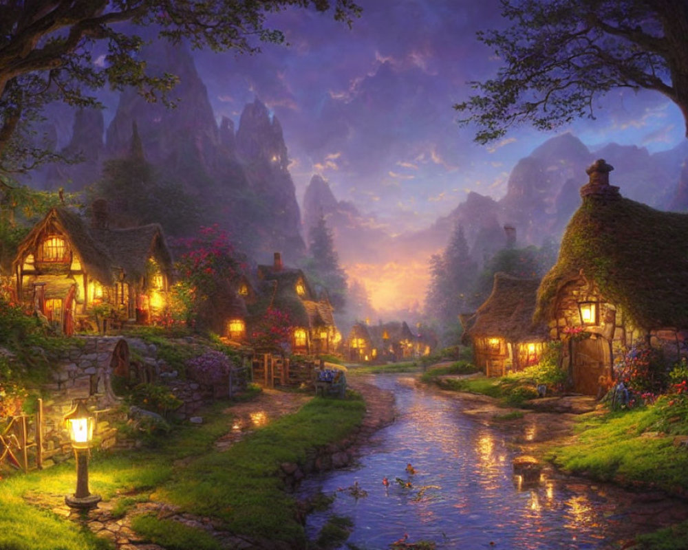 Quaint village scene: Thatched cottages, stream, lanterns, flowers
