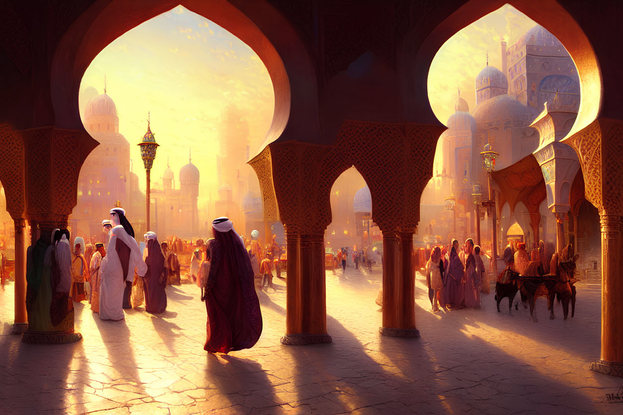 Vibrant oriental marketplace scene at sunset with traditional attired people.