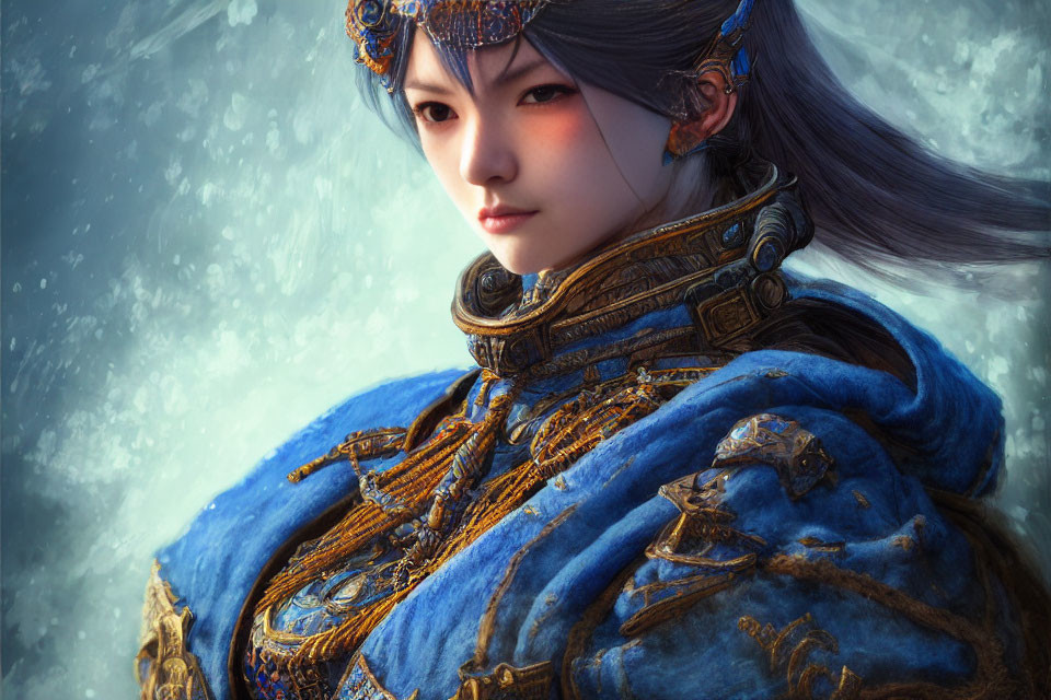 Digital artwork of woman in blue and gold armor on snowy background