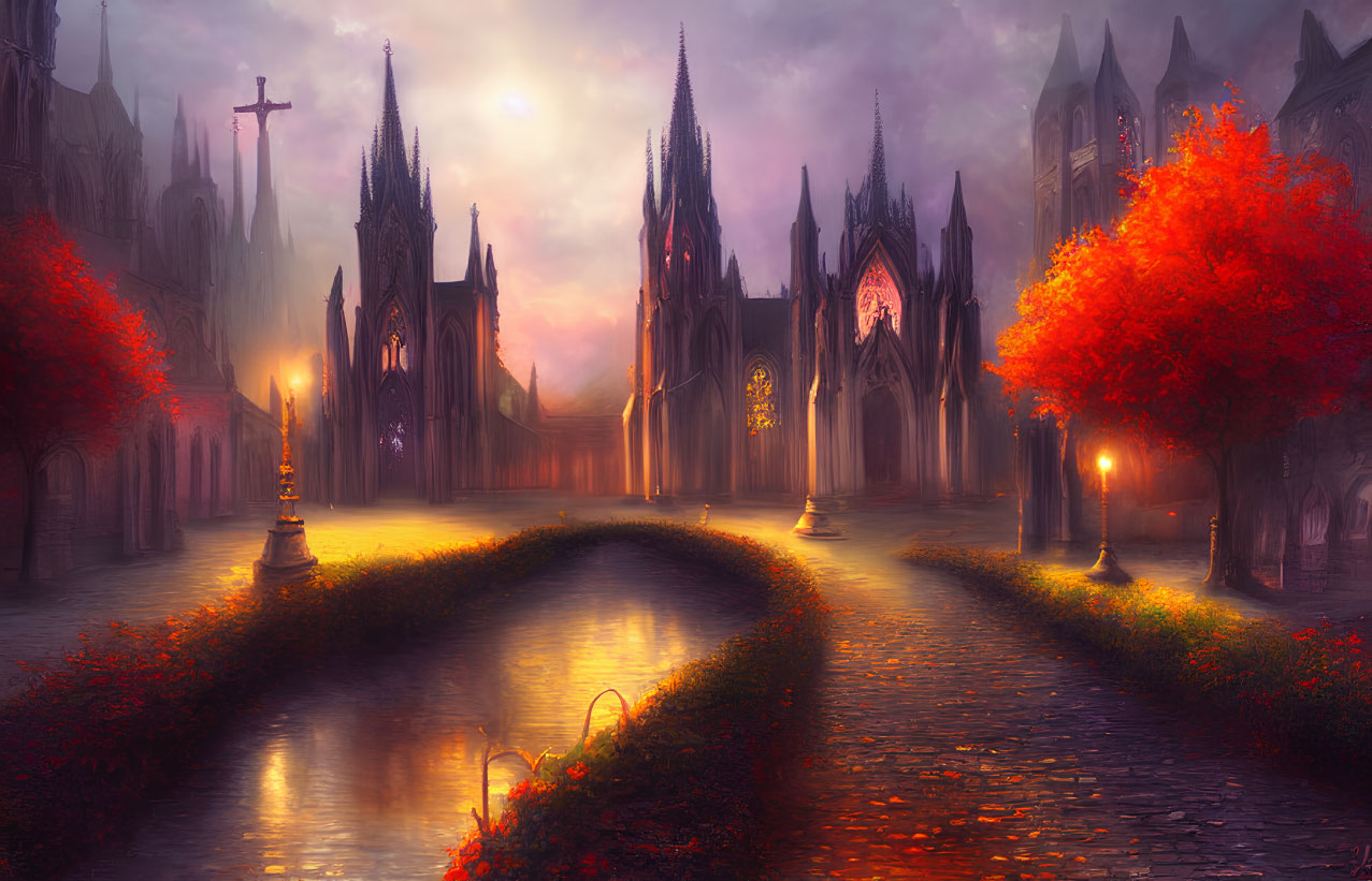 Glowing sunset over gothic structures and autumnal trees by serene river