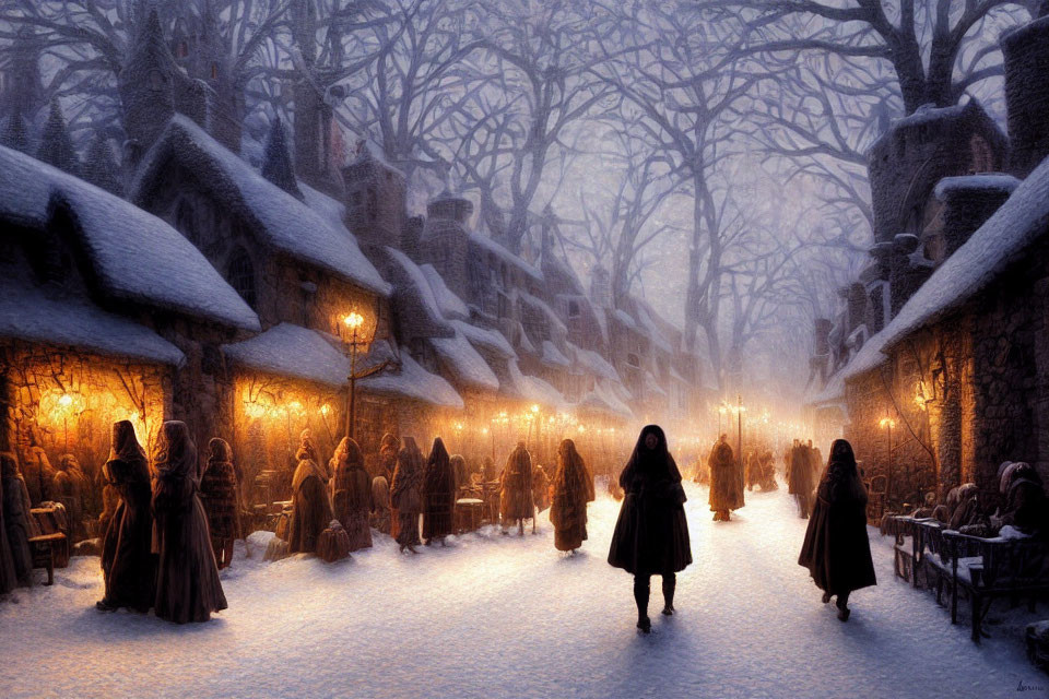 Snowy twilight village scene with cloaked figures and lantern-lit cottages.