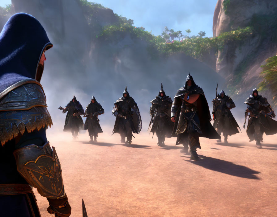 Armored figures with cloaks in misty tropical setting, led by blue character.