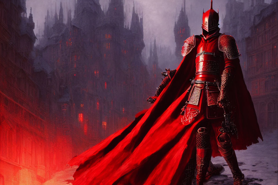 Knight in Red and Silver Armor Stands Before Gothic City