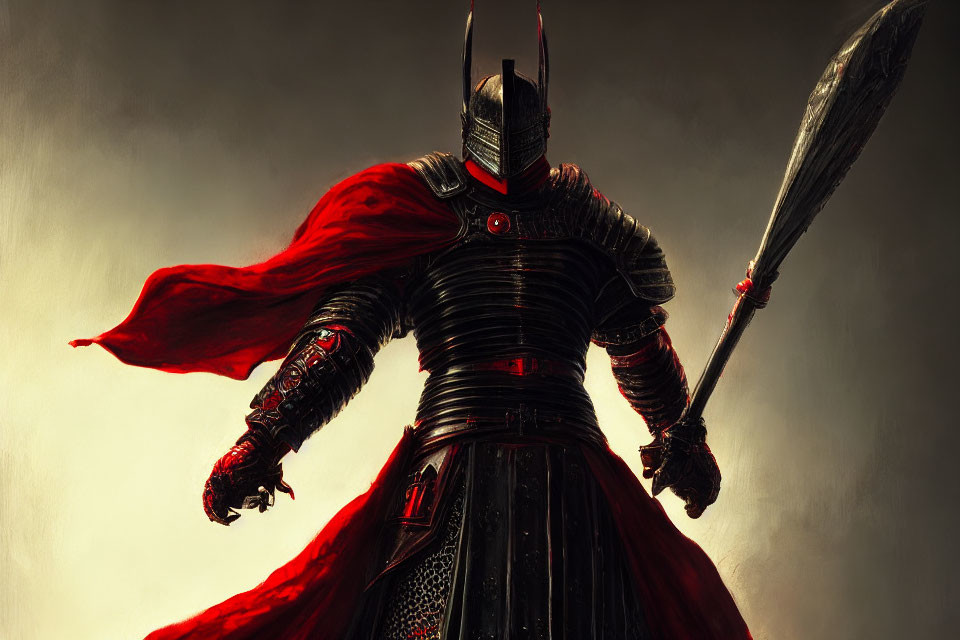Dark-armored knight with red cape holding halberd symbolizing power.