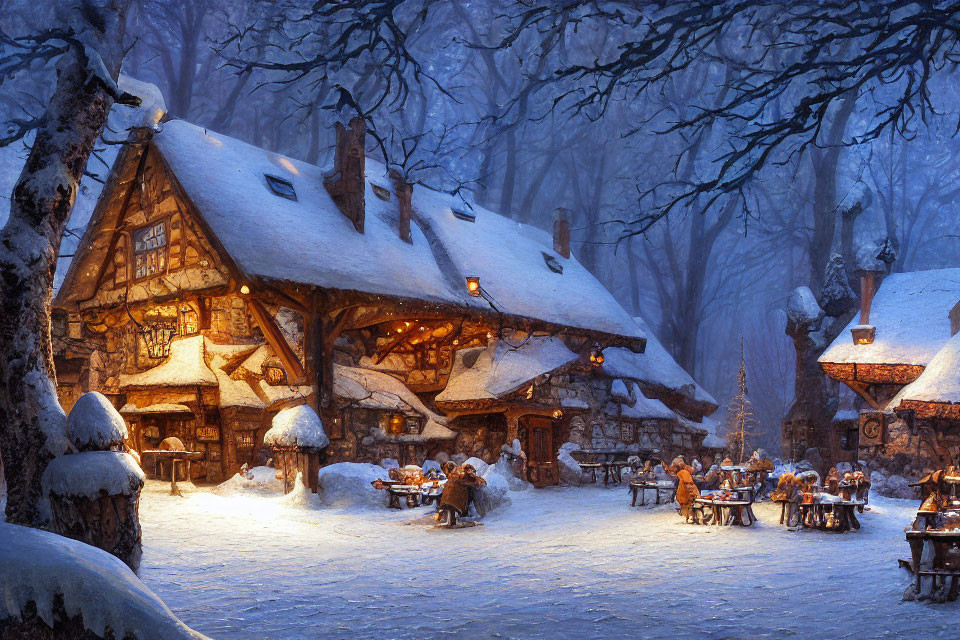 Snow-covered outdoor tables near illuminated cottage in winter scene