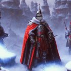Armored knights with blue masks and red capes in misty forest