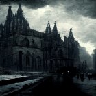 Gothic cathedral with towering spires in moody setting
