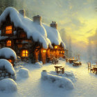Snow-covered cottage with warm light at dusk surrounded by snowy trees