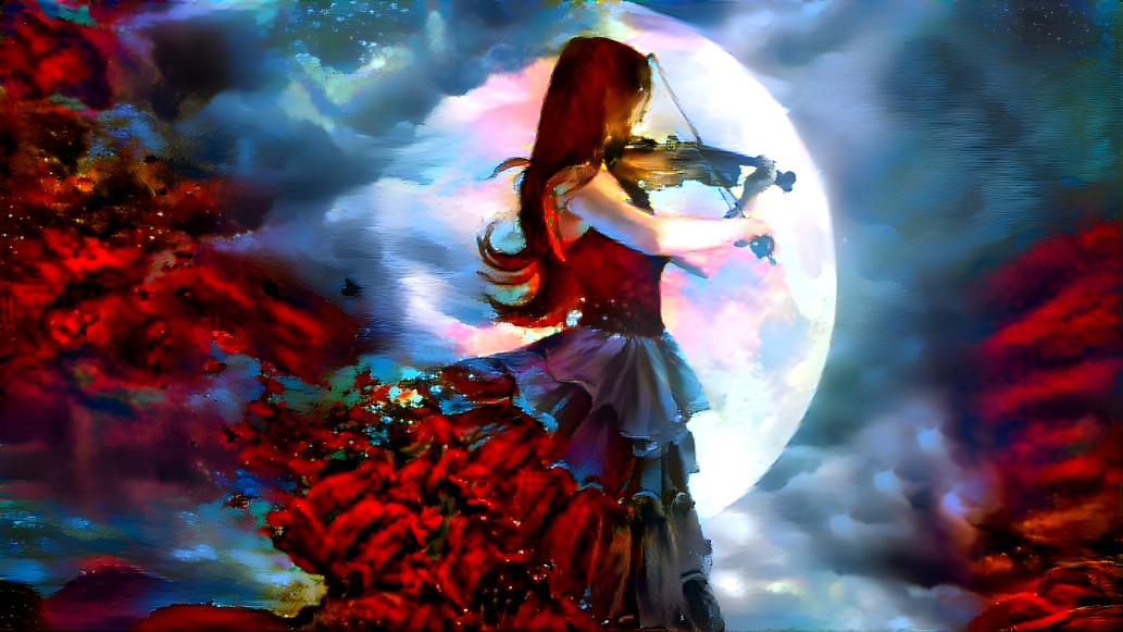 girl with violin in red