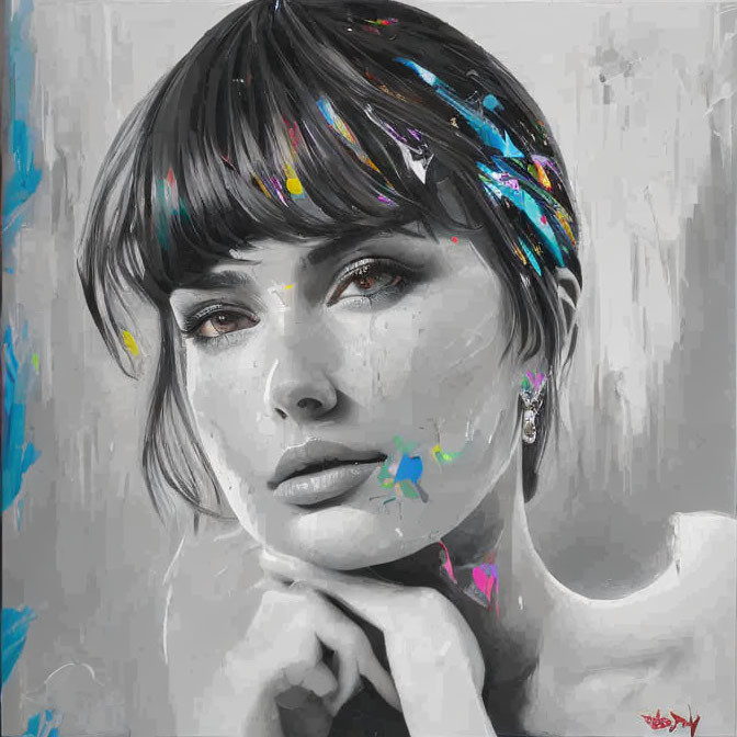 Monochromatic portrait of woman with bob haircut and vibrant paint splashes