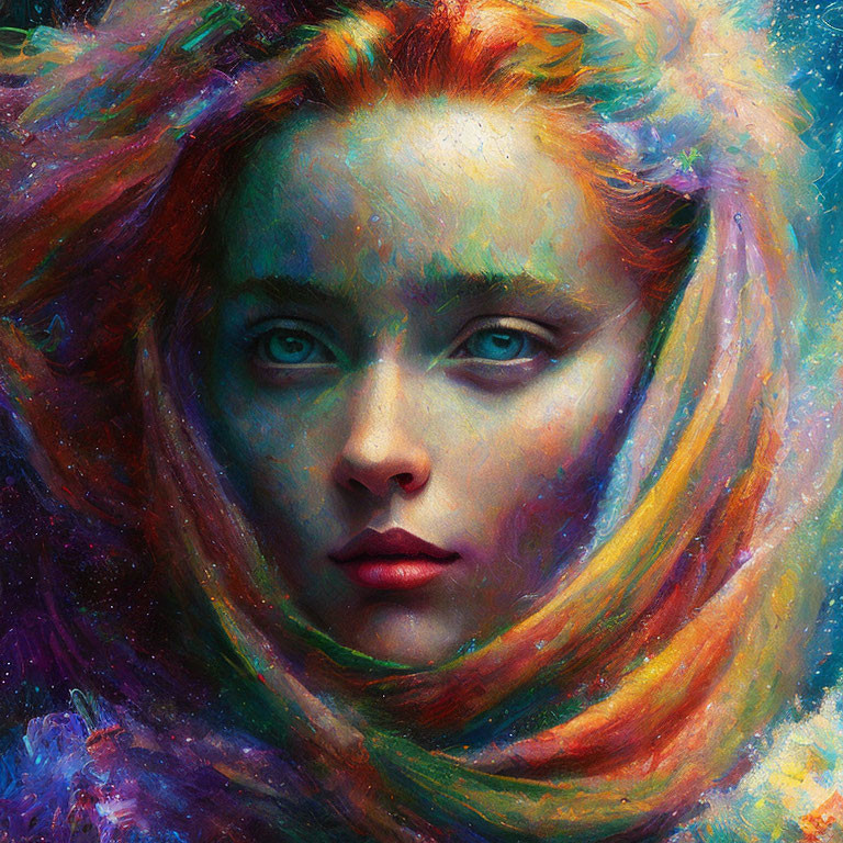 Colorful portrait of woman with cosmic hair on starry blue backdrop