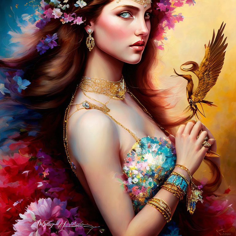Woman portrait with floral decorations, gold jewelry, bird, vibrant floral background