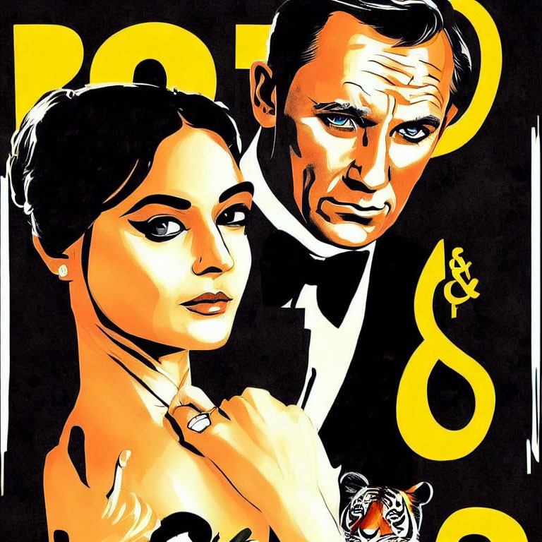 Elegant man and woman with tiger on stylish poster