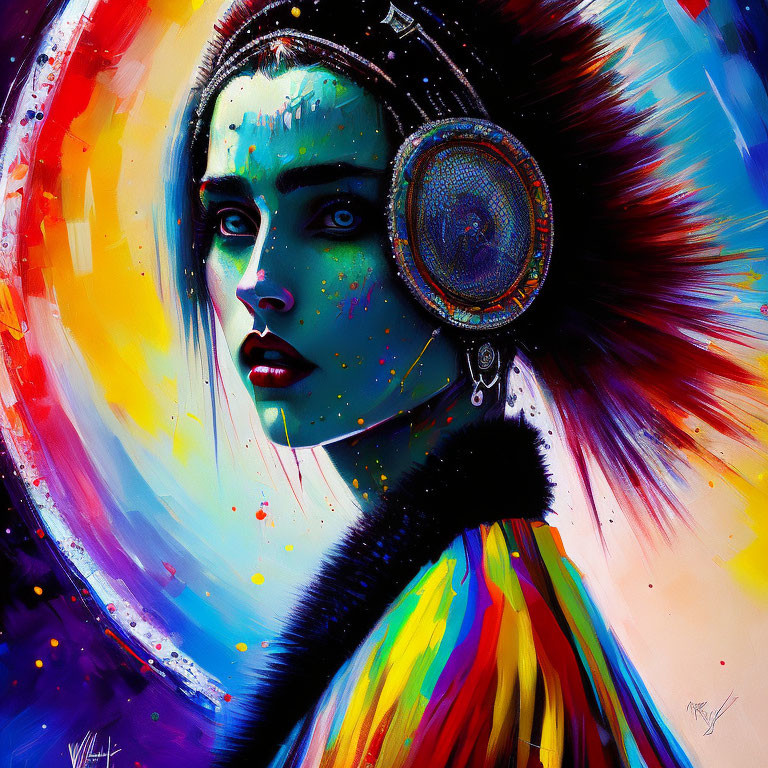 Colorful portrait of woman with blue skin and vibrant accessories