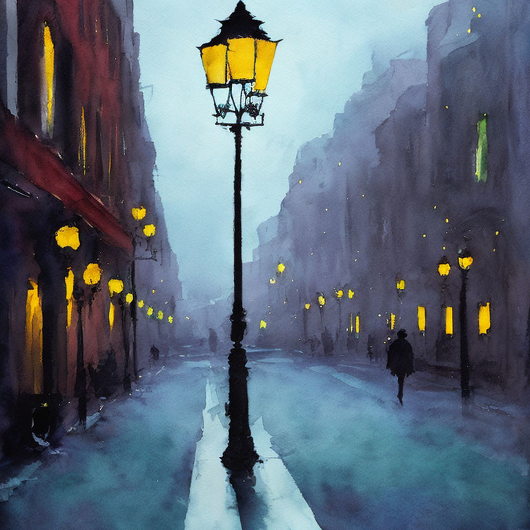 Vibrant watercolor painting of misty urban street at dusk