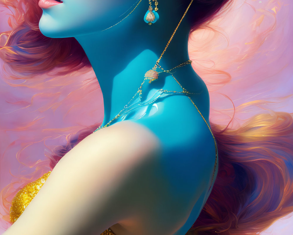 Vibrant portrait of a woman with blue skin and red hair in gold jewelry