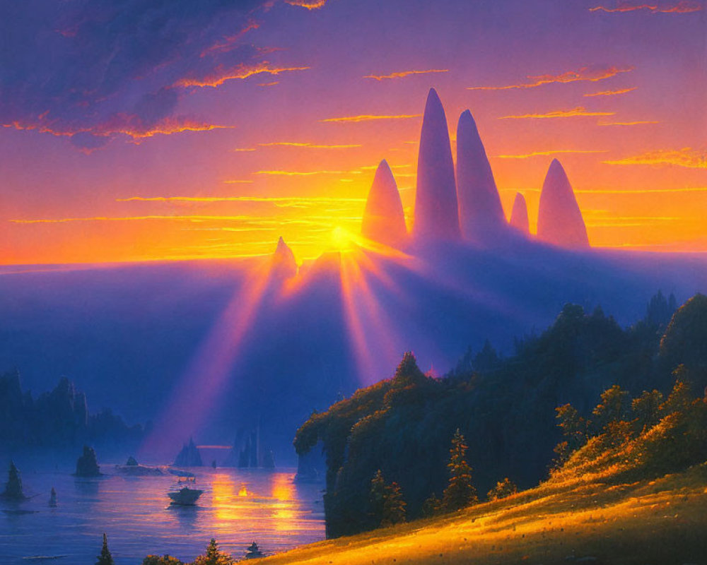 Colorful sunset with sun rays through rock spires over lush landscape and sailing boats