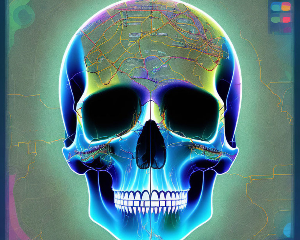 Vivid human skull artwork with map and circuit patterns on dark backdrop