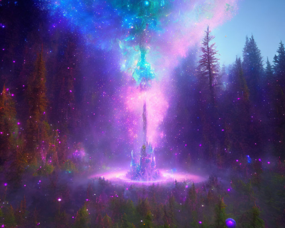 Mystical forest with purple and blue light, starry nebula, glowing energy column