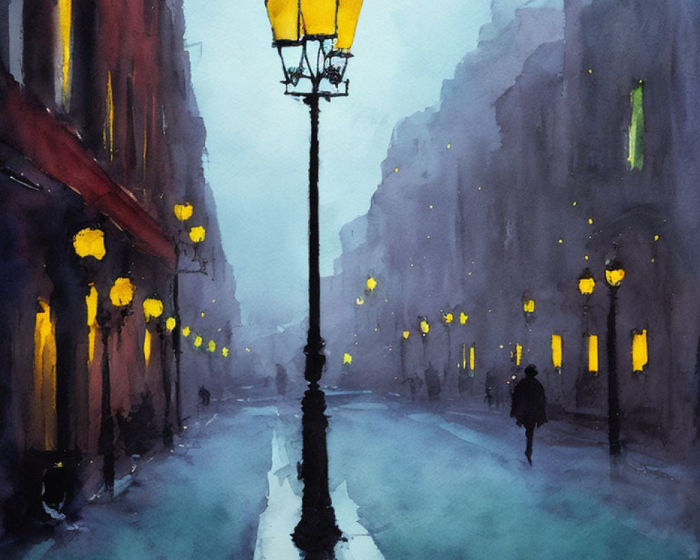 Vibrant watercolor painting of misty urban street at dusk