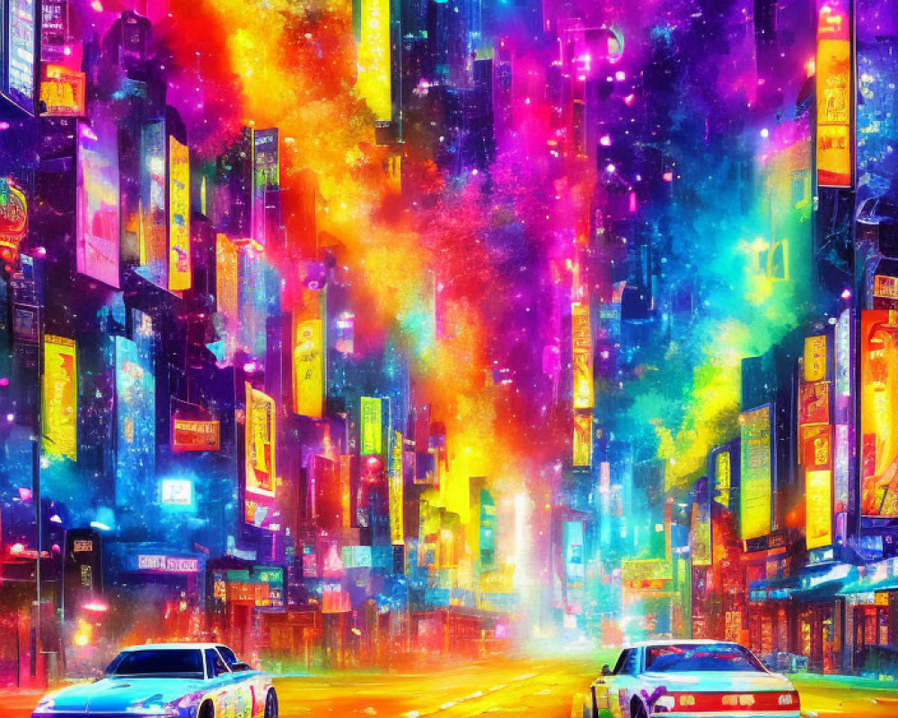 Colorful neon-lit cityscape with futuristic cars and starry sky