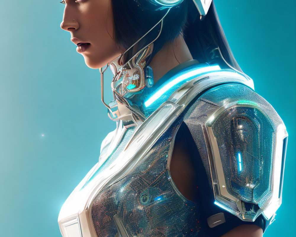 Futuristic female cyborg in illuminated headphones and sleek armor on blue background