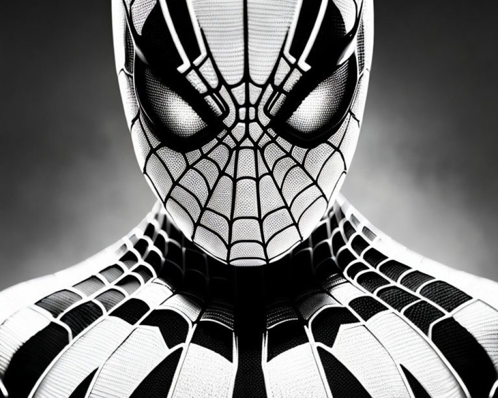 Detailed Black and White Spider-Man Suit Close-Up on Gray Background