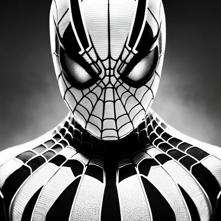 Detailed Black and White Spider-Man Suit Close-Up on Gray Background