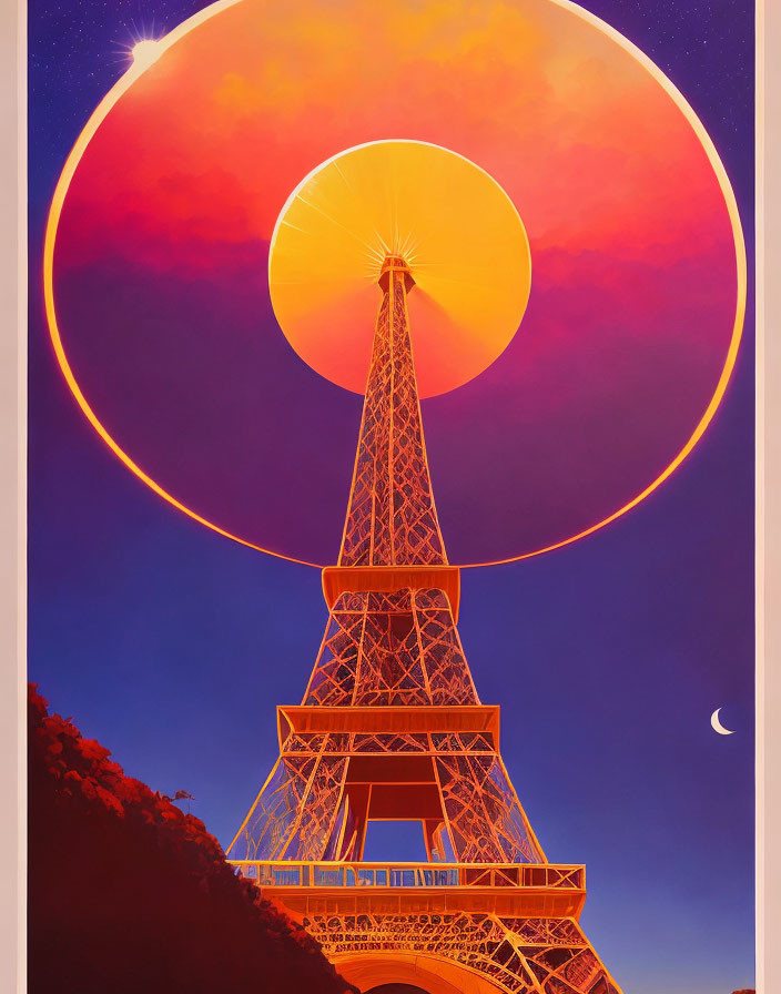 Stylized graphic of Eiffel Tower with halo circle in vivid sunset sky