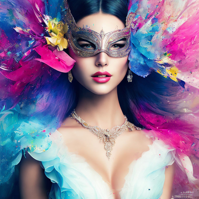 Woman in decorative mask with vibrant feathers and elegant makeup