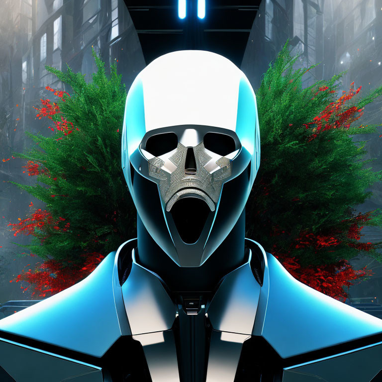 Futuristic blue and white robot in urban setting with red foliage