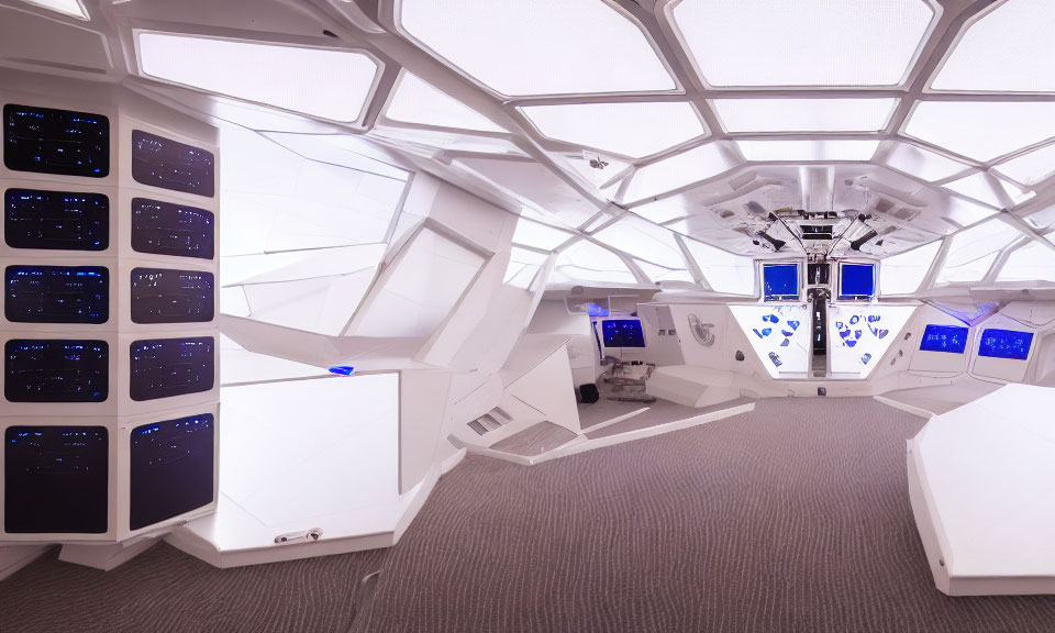Futuristic spacecraft interior with white panels and hexagonal windows