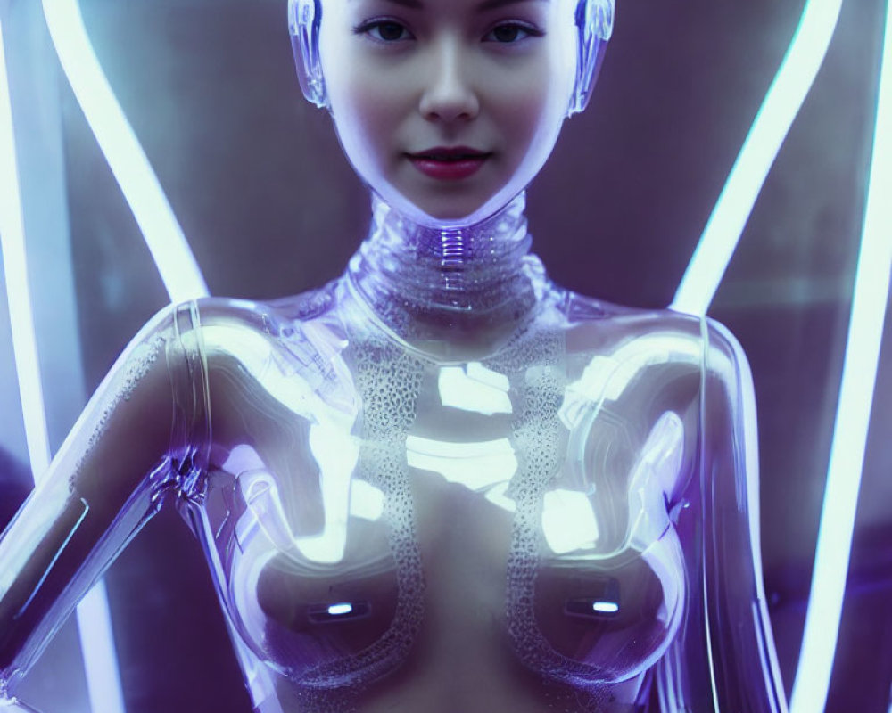Female android in neon-lit mechanized armor: Futuristic technology and AI aesthetics