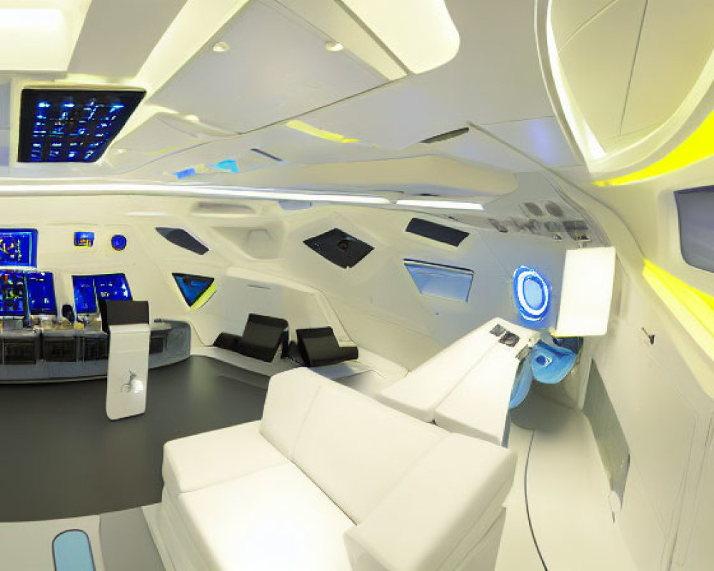 Futuristic Spaceship Interior: White & Black Seating, Neon Yellow Accents, Advanced Control