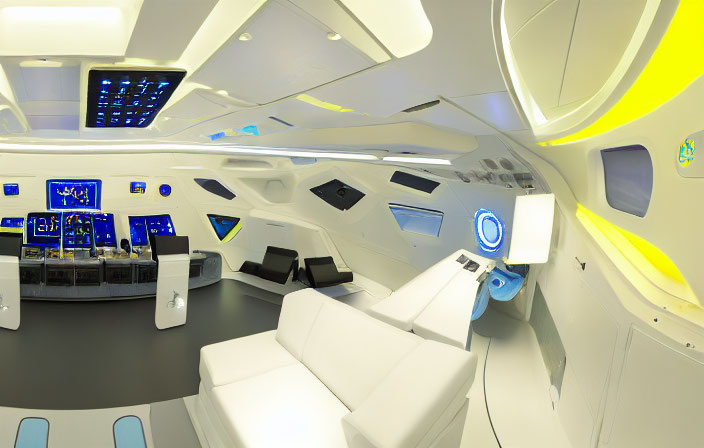 Futuristic Spaceship Interior: White & Black Seating, Neon Yellow Accents, Advanced Control