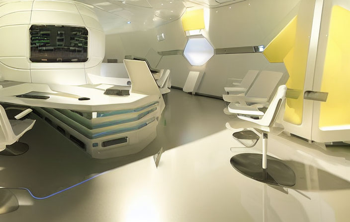 Sleek white and yellow futuristic interior design with advanced control panel