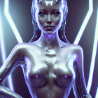 Female android in neon-lit mechanized armor: Futuristic technology and AI aesthetics