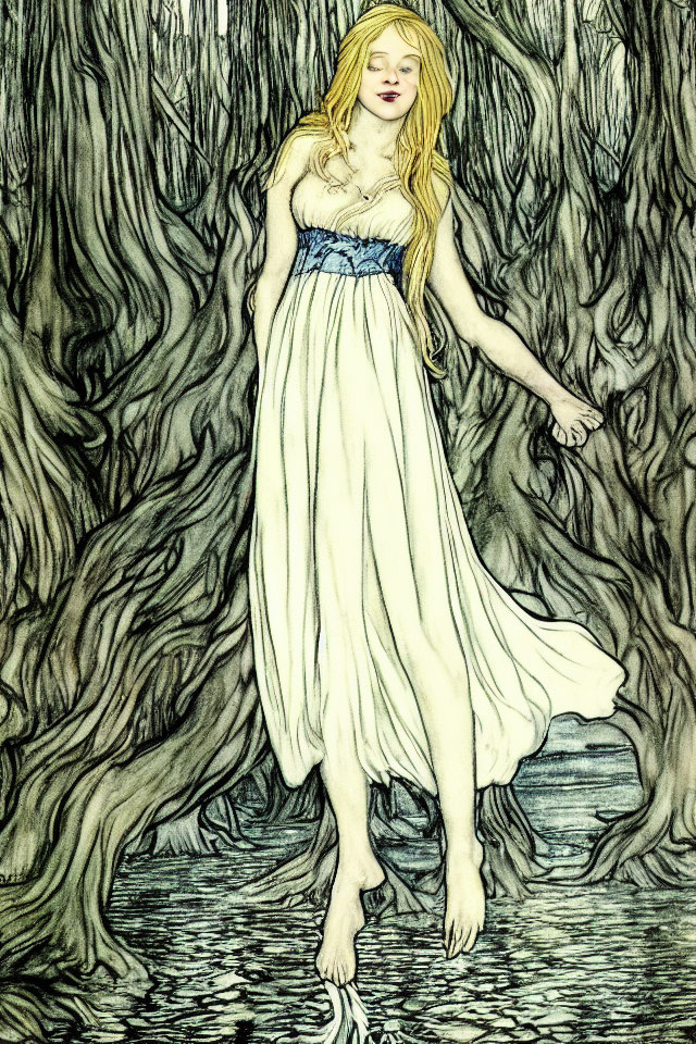 Blonde woman in flowing white dress among gnarled trees