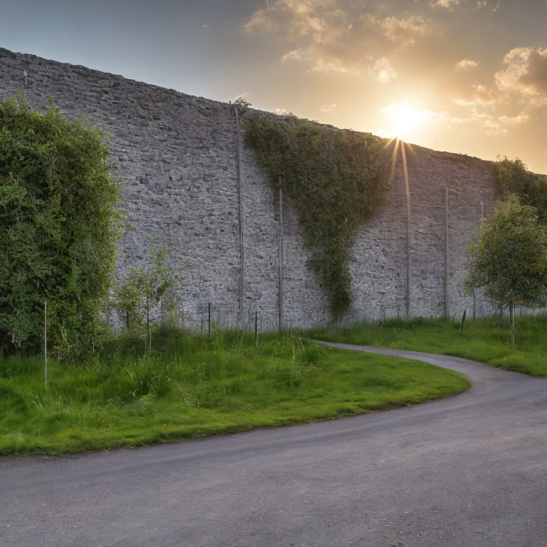 Scenic sunset view of winding path and stone wall amid lush greenery