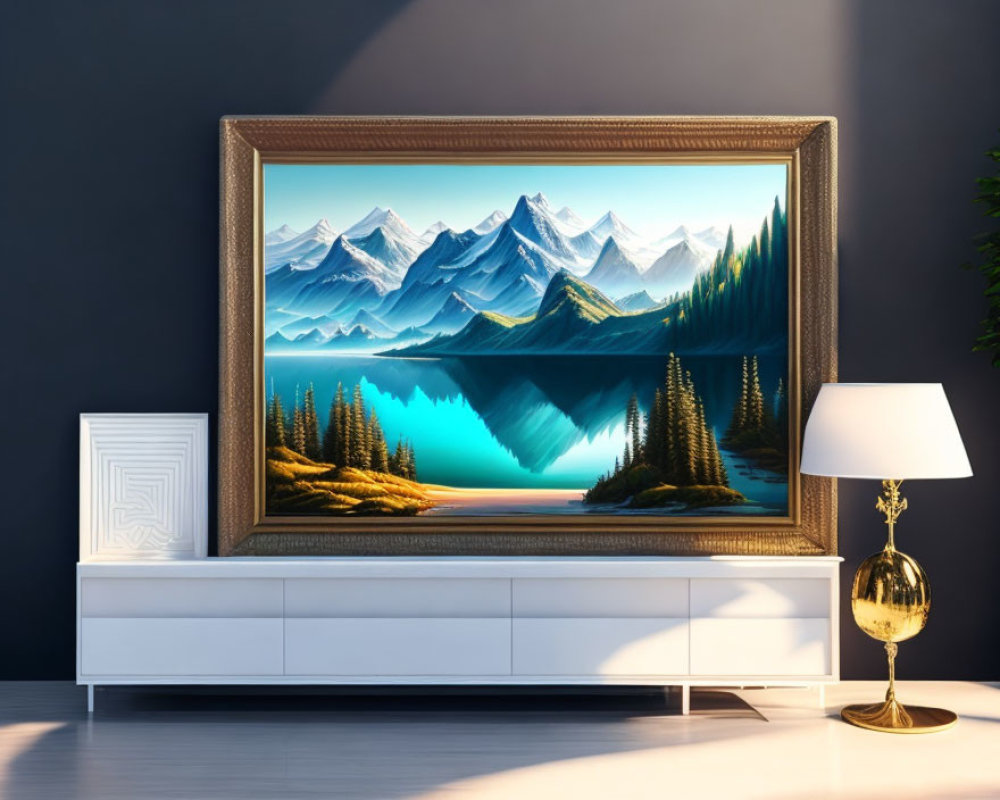 Framed landscape painting of mountains and lake above white cabinet