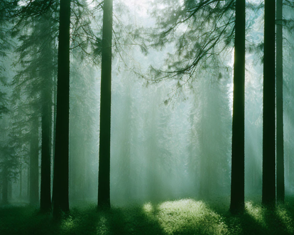 Misty forest with tall trees and greenish light.