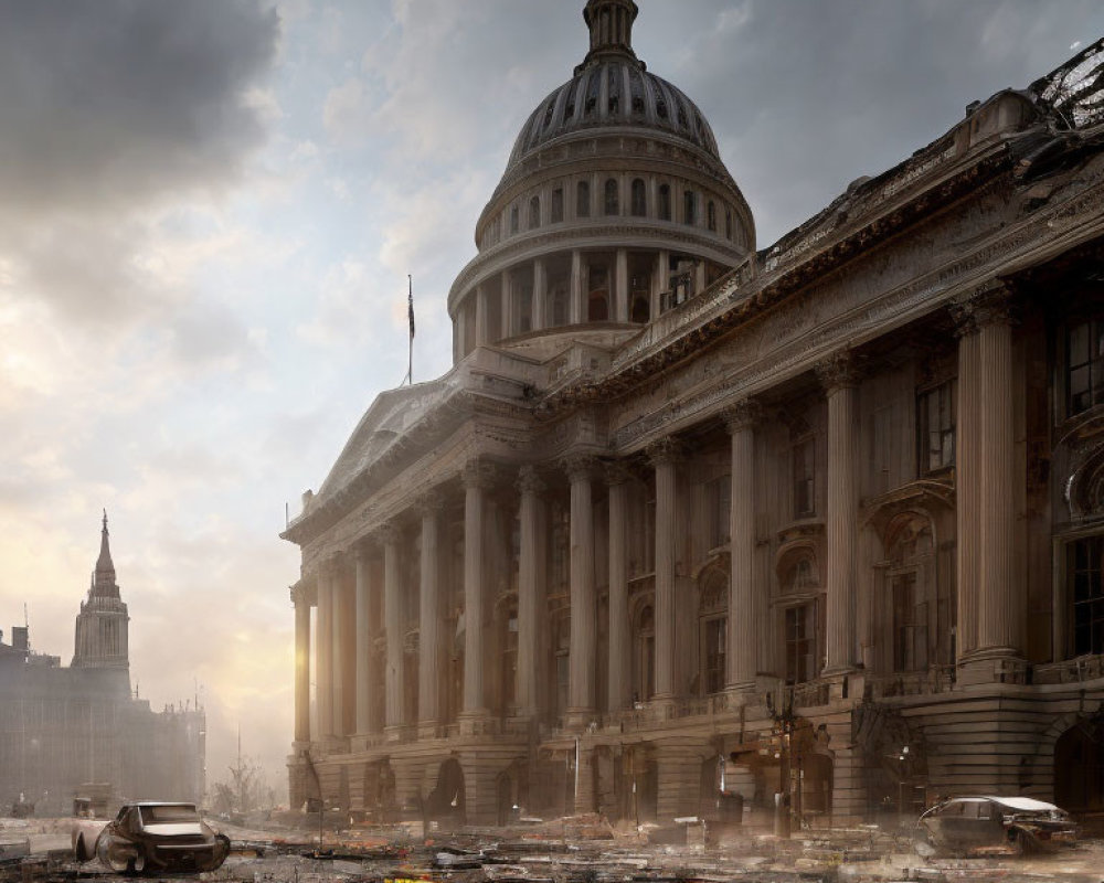 Damaged Capitol Building with dramatic sky and debris.