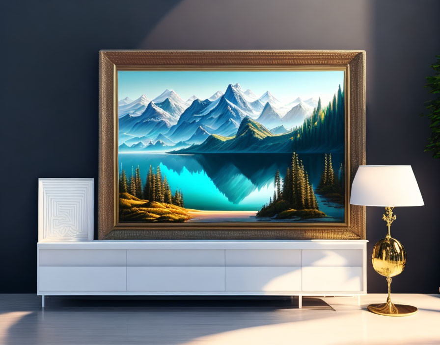 Framed landscape painting of mountains and lake above white cabinet