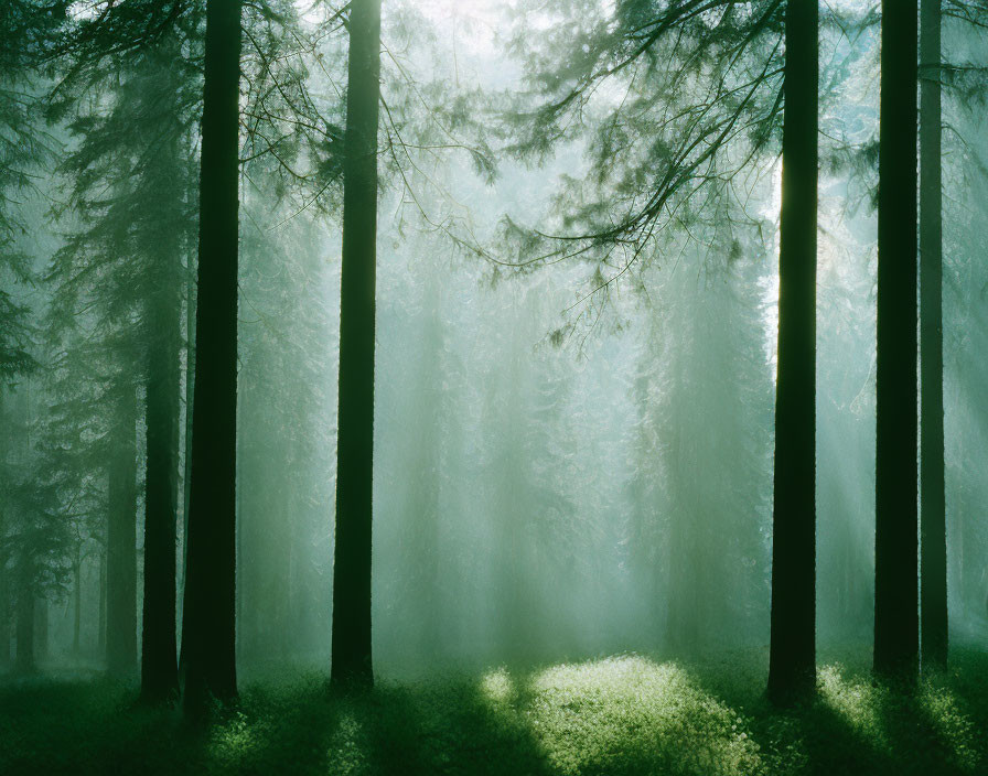 Misty forest with tall trees and greenish light.