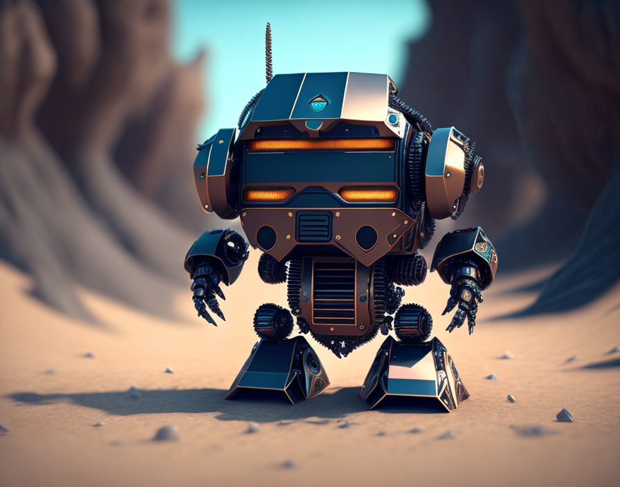 Bulky Robot with Treaded Feet and Clawed Hands in Desert Landscape