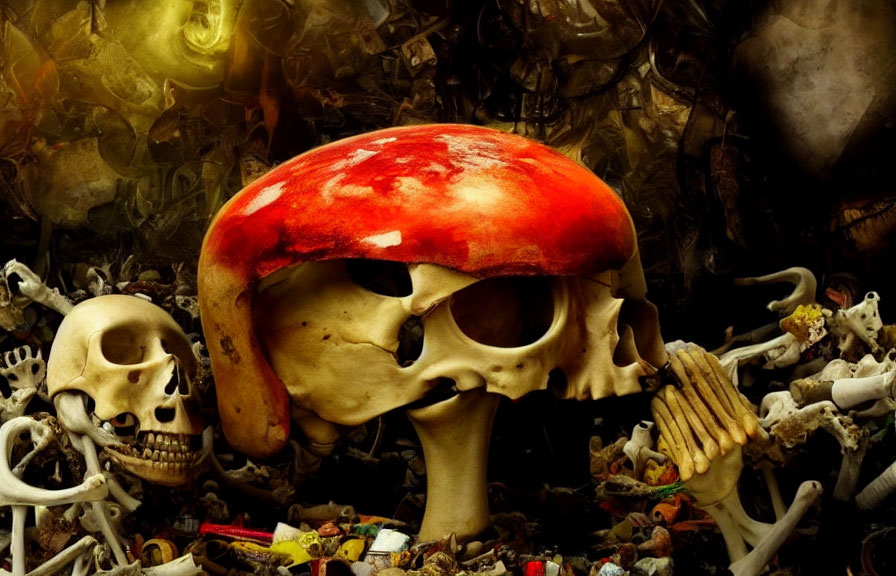 Skull with Red Mushroom Cap in Dark Setting