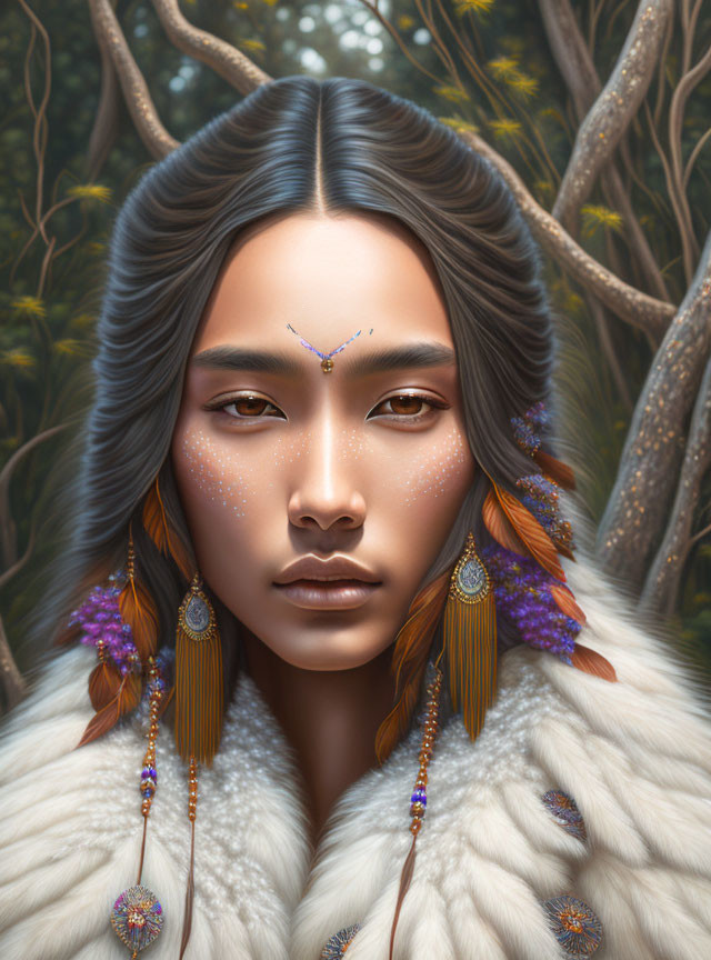 Digital portrait: Long-haired person with facial jewelry, sparkling freckles, white fur garment in forest